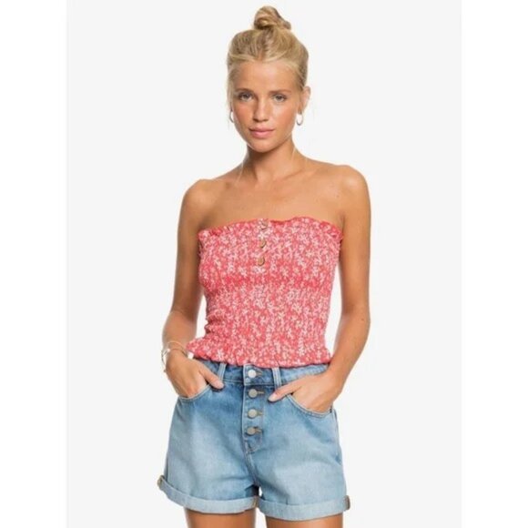 Roxy Secret Sister Crop Top Smocked Floral Red White 90s XS NWT - Picture 5 of 14